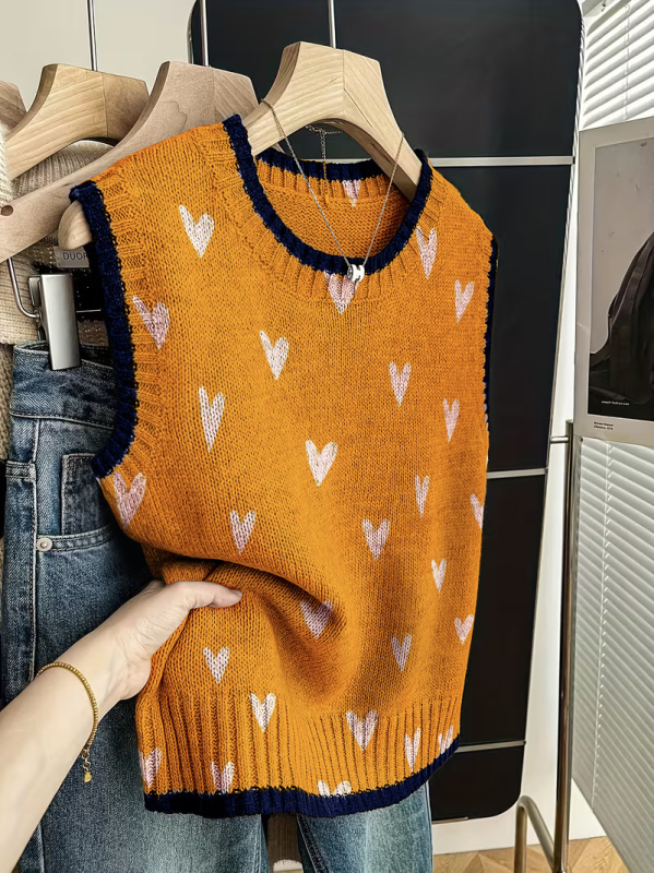 Kötött, nélküli ujjú mellény kockás mintával – poliészter, kerek nyak, szabályos hossz, retro stílus