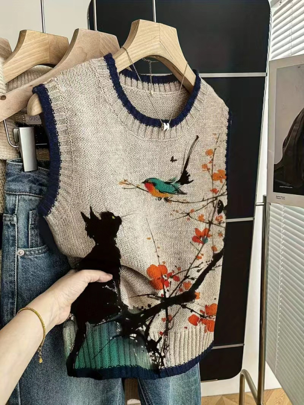 Kötött, nélküli ujjú mellény kockás mintával – poliészter, kerek nyak, szabályos hossz, retro stílus