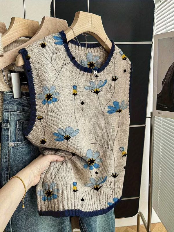 Kötött, nélküli ujjú mellény kockás mintával – poliészter, kerek nyak, szabályos hossz, retro stílus