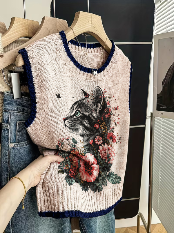 Kötött, nélküli ujjú mellény kockás mintával – poliészter, kerek nyak, szabályos hossz, retro stílus