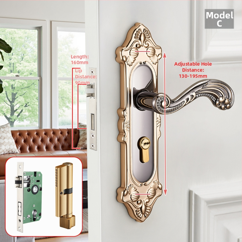 Kľučka na dvere so zámkom pre vnútorné drevené dvere, európsky štýl, zliatina zinku, model T222, moderný minimalistický dizajn