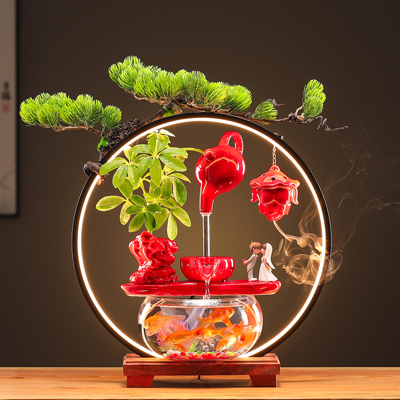 Kerámiából készült vízdekoráció fénygyűrűvel — felület: decal, glazúra; testreszabható feldolgozás: Igen; feldolgozás: decal, injection molding; stílus: Új kínai stílus; mini átlátszó táj akvárium nappalira, dolgozószobába és irodába