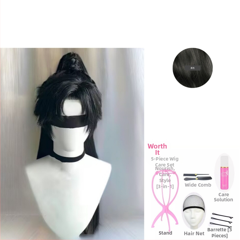 Férfi Hanfu paróka – ősi stílus, hosszú haj, magas konty, teljes fejfedő, hőálló szintetikus szál