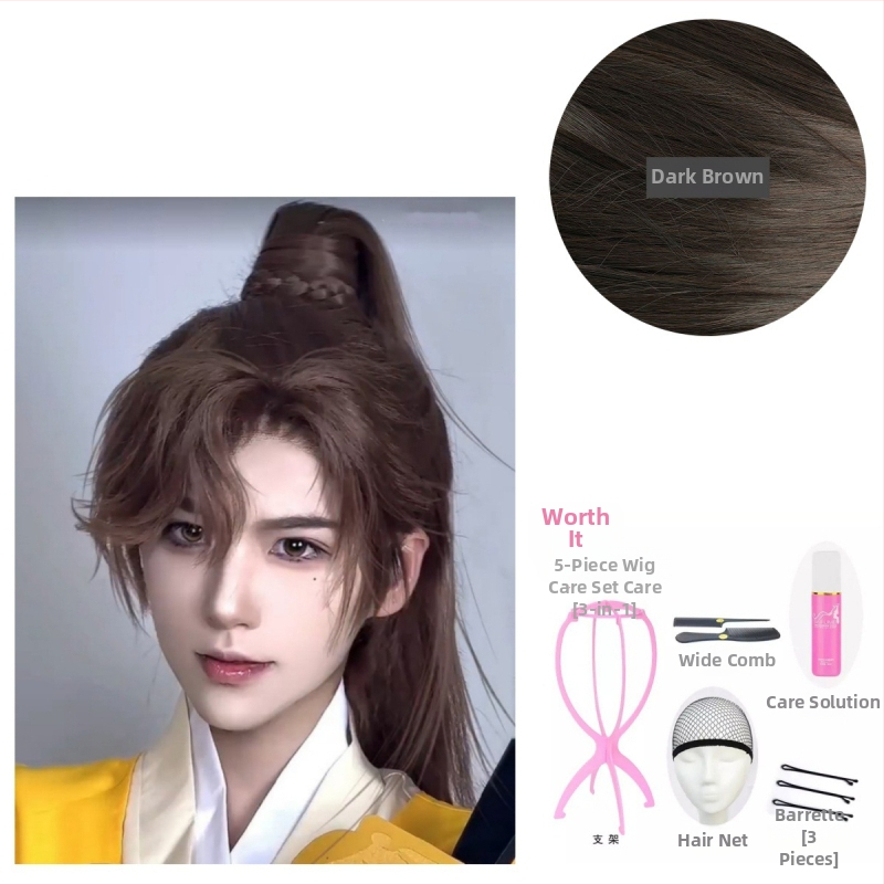 Férfi Hanfu paróka – ősi stílus, hosszú haj, magas konty, teljes fejfedő, hőálló szintetikus szál