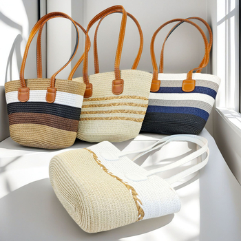 Τσάντα Tote από Straw Paper με φερμουάρ, επένδυση από γρασίδι, διπλοί ιμάντες για αναψυχή ταξίδι – στυλ Mix and Match