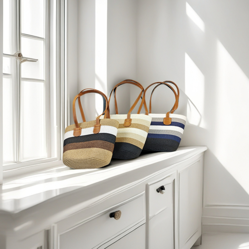 Τσάντα Tote από Straw Paper με φερμουάρ, επένδυση από γρασίδι, διπλοί ιμάντες για αναψυχή ταξίδι – στυλ Mix and Match