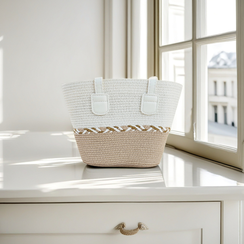 Τσάντα Tote από Straw Paper με φερμουάρ, επένδυση από γρασίδι, διπλοί ιμάντες για αναψυχή ταξίδι – στυλ Mix and Match