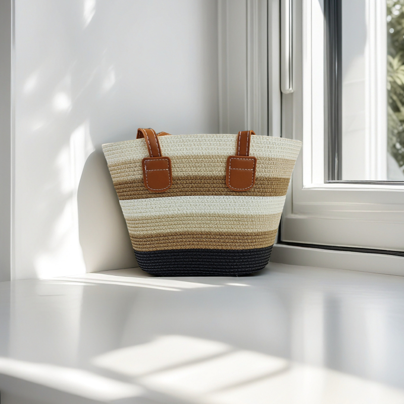 Τσάντα Tote από Straw Paper με φερμουάρ, επένδυση από γρασίδι, διπλοί ιμάντες για αναψυχή ταξίδι – στυλ Mix and Match