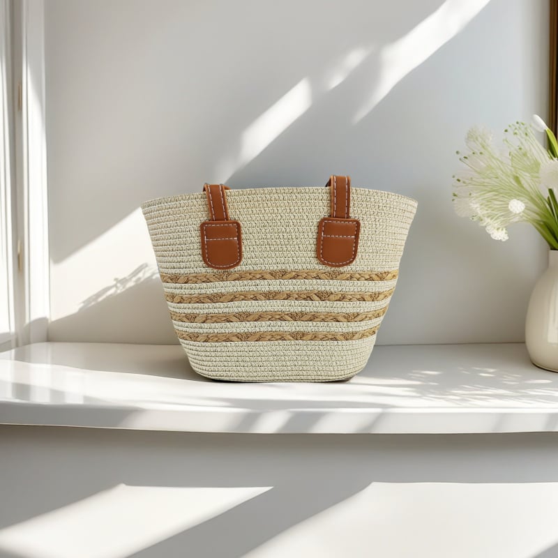 Τσάντα Tote από Straw Paper με φερμουάρ, επένδυση από γρασίδι, διπλοί ιμάντες για αναψυχή ταξίδι – στυλ Mix and Match