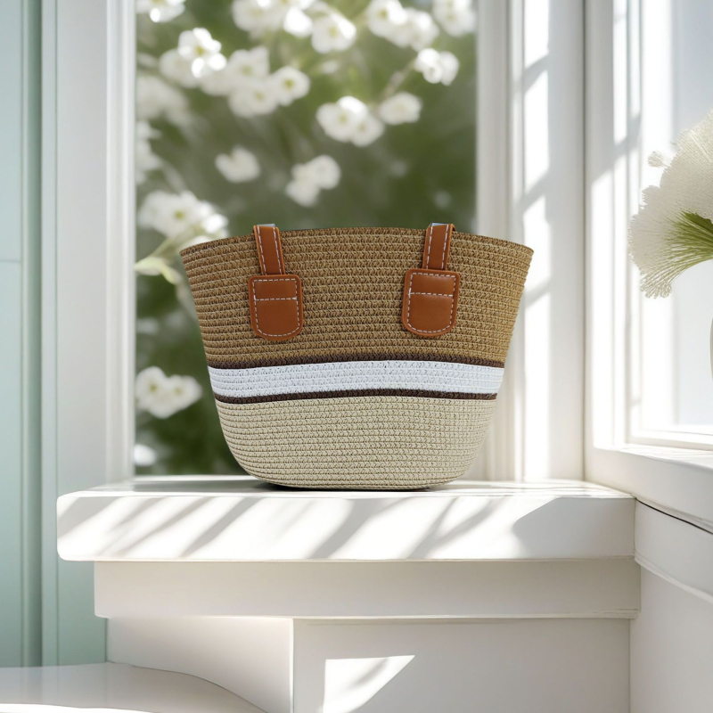 Τσάντα Tote από Straw Paper με φερμουάρ, επένδυση από γρασίδι, διπλοί ιμάντες για αναψυχή ταξίδι – στυλ Mix and Match