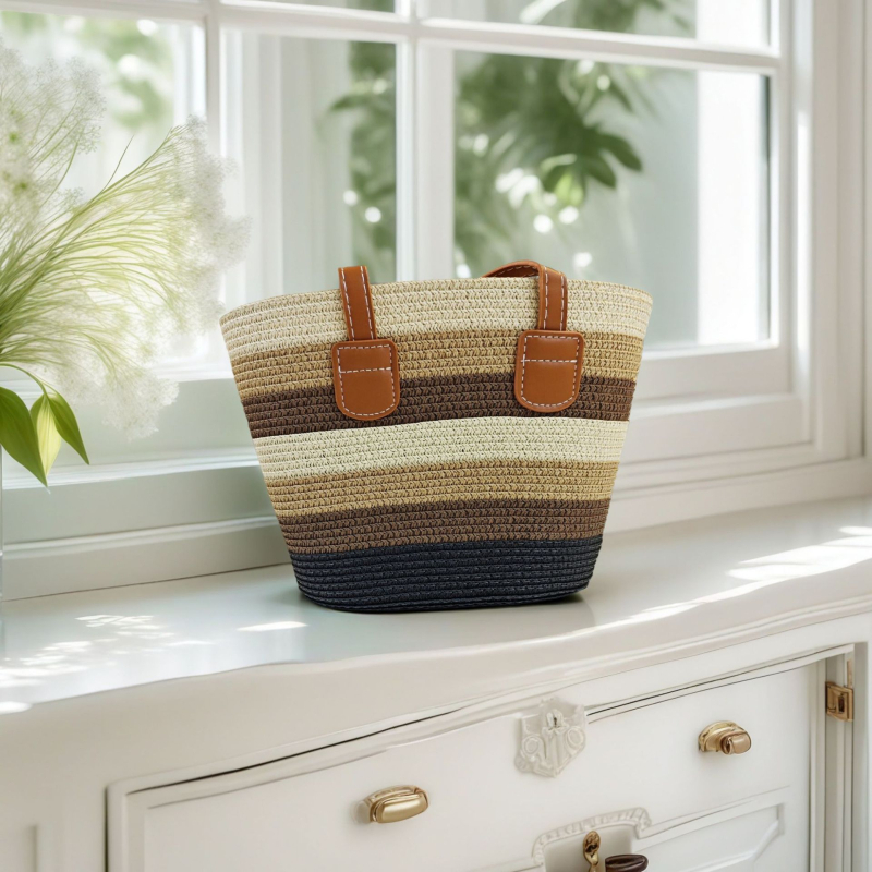 Τσάντα Tote από Straw Paper με φερμουάρ, επένδυση από γρασίδι, διπλοί ιμάντες για αναψυχή ταξίδι – στυλ Mix and Match