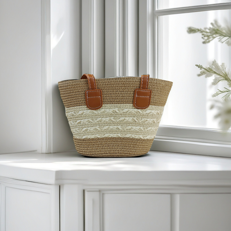 Τσάντα Tote από Straw Paper με φερμουάρ, επένδυση από γρασίδι, διπλοί ιμάντες για αναψυχή ταξίδι – στυλ Mix and Match