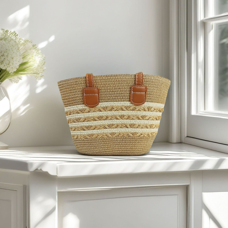 Τσάντα Tote από Straw Paper με φερμουάρ, επένδυση από γρασίδι, διπλοί ιμάντες για αναψυχή ταξίδι – στυλ Mix and Match