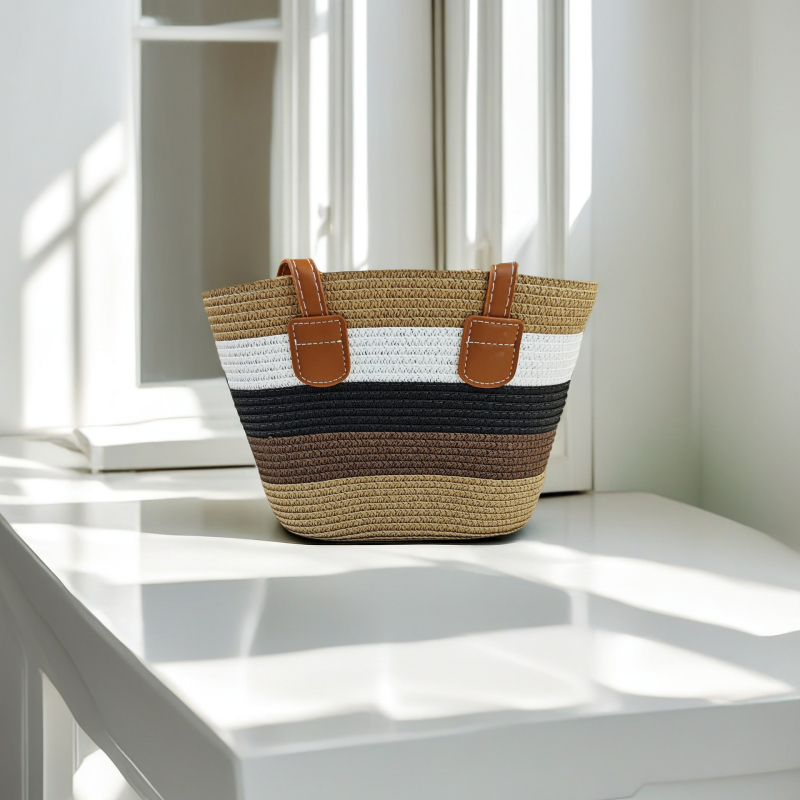 Τσάντα Tote από Straw Paper με φερμουάρ, επένδυση από γρασίδι, διπλοί ιμάντες για αναψυχή ταξίδι – στυλ Mix and Match