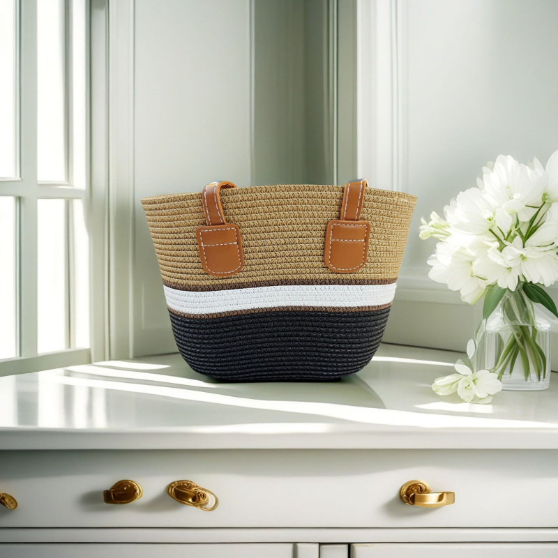 Τσάντα Tote από Straw Paper με φερμουάρ, επένδυση από γρασίδι, διπλοί ιμάντες για αναψυχή ταξίδι – στυλ Mix and Match