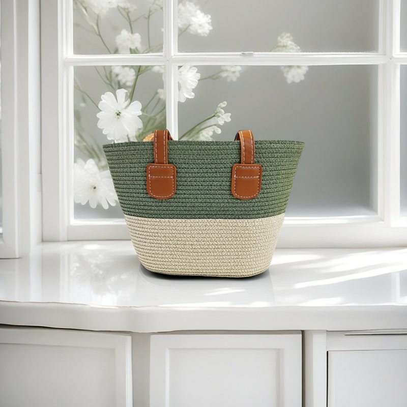 Τσάντα Tote από Straw Paper με φερμουάρ, επένδυση από γρασίδι, διπλοί ιμάντες για αναψυχή ταξίδι – στυλ Mix and Match