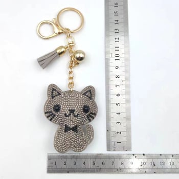 Kovový kľúčenok s karikatúrnym mačiatkom s diamantovou vsadkou, strapcový prívesok na tašku, korejský štýl, individuálne balené