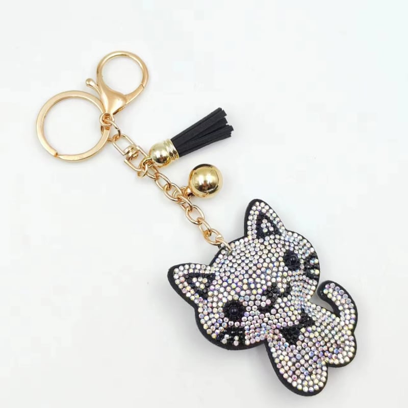 Kovový kľúčenok s karikatúrnym mačiatkom s diamantovou vsadkou, strapcový prívesok na tašku, korejský štýl, individuálne balené