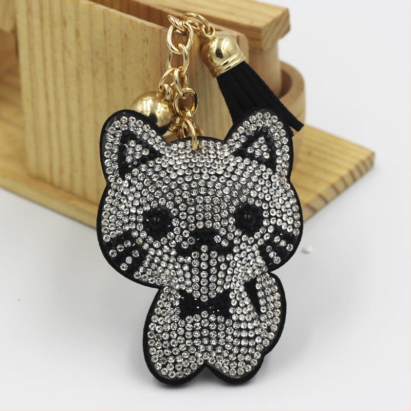 Kovový kľúčenok s karikatúrnym mačiatkom s diamantovou vsadkou, strapcový prívesok na tašku, korejský štýl, individuálne balené