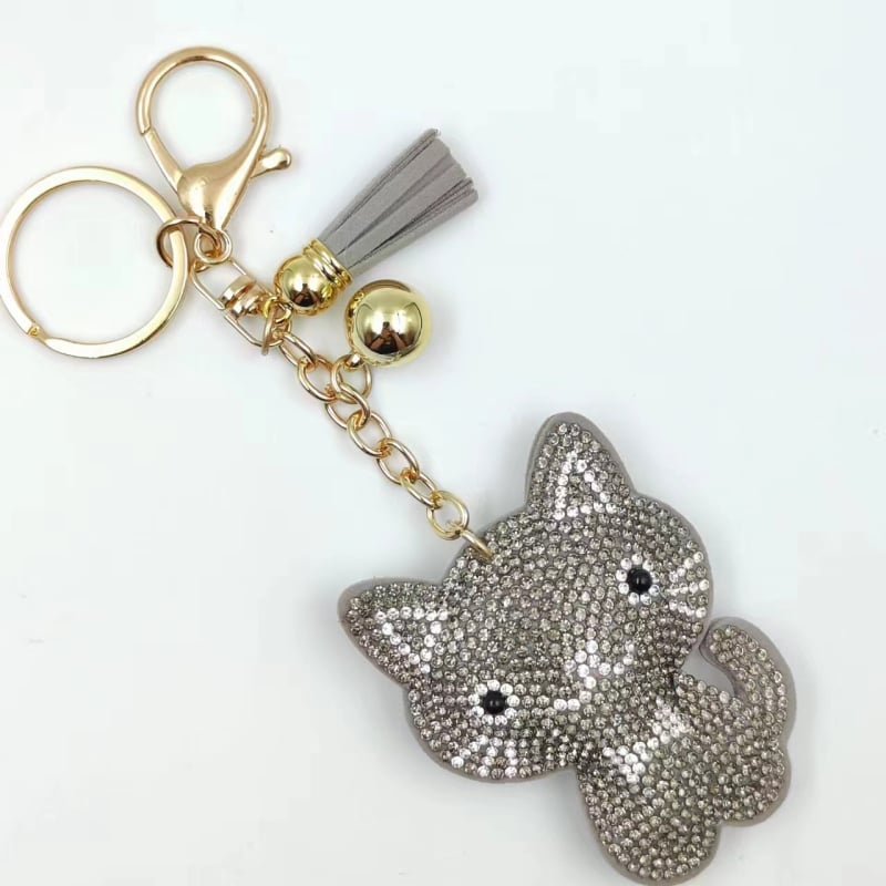 Kovový kľúčenok s karikatúrnym mačiatkom s diamantovou vsadkou, strapcový prívesok na tašku, korejský štýl, individuálne balené