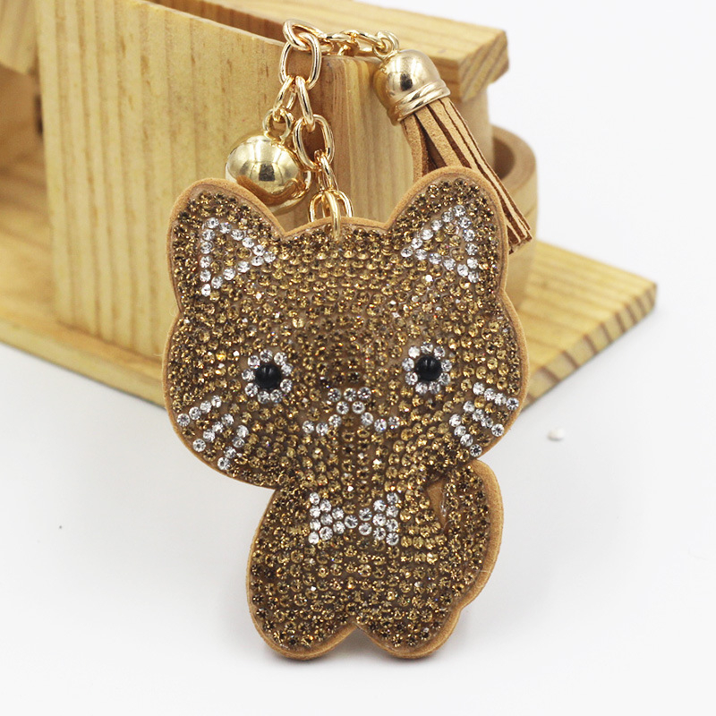 Kovový kľúčenok s karikatúrnym mačiatkom s diamantovou vsadkou, strapcový prívesok na tašku, korejský štýl, individuálne balené