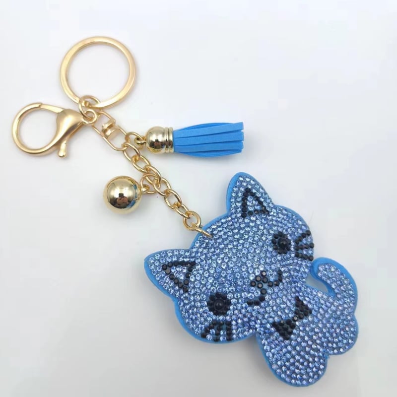 Kovový kľúčenok s karikatúrnym mačiatkom s diamantovou vsadkou, strapcový prívesok na tašku, korejský štýl, individuálne balené