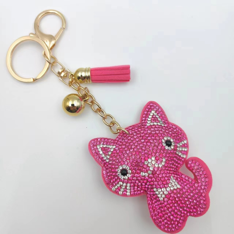 Kovový kľúčenok s karikatúrnym mačiatkom s diamantovou vsadkou, strapcový prívesok na tašku, korejský štýl, individuálne balené