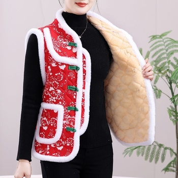 Vesta cu imprimeu floral mare, stil etnic, căptușită cu fleece, din lână de oaie, pentru femei adulte, cald toamnă-iarnă