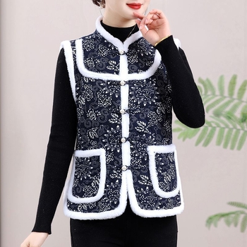 Vesta cu imprimeu floral mare, stil etnic, căptușită cu fleece, din lână de oaie, pentru femei adulte, cald toamnă-iarnă