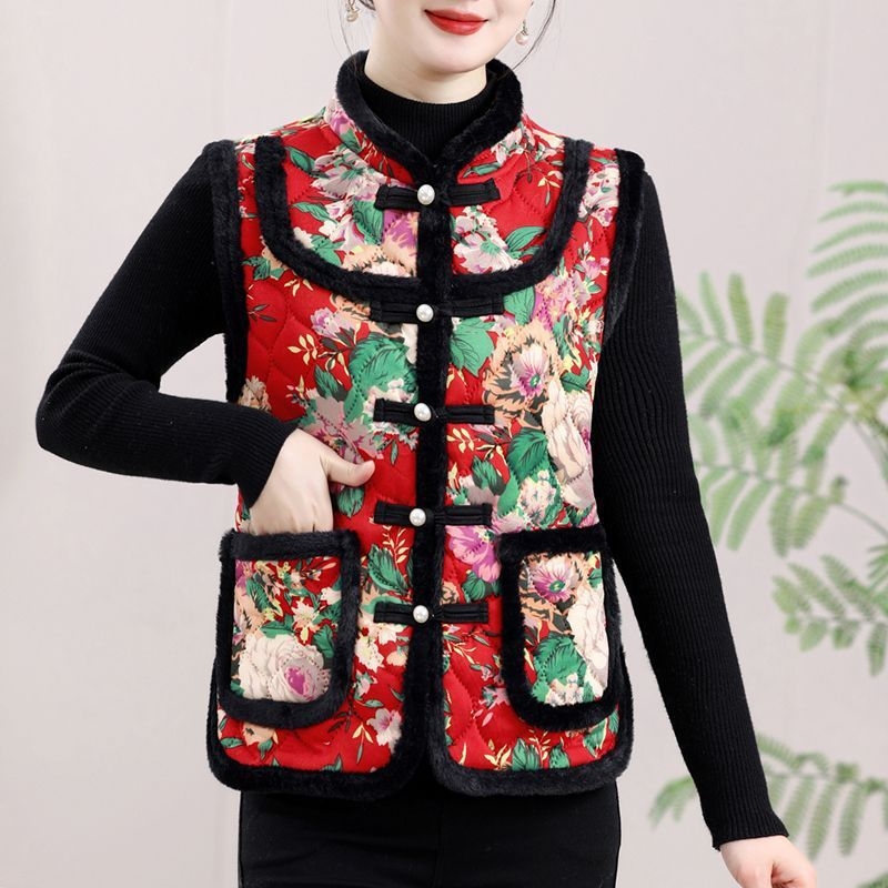 Vesta cu imprimeu floral mare, stil etnic, căptușită cu fleece, din lână de oaie, pentru femei adulte, cald toamnă-iarnă