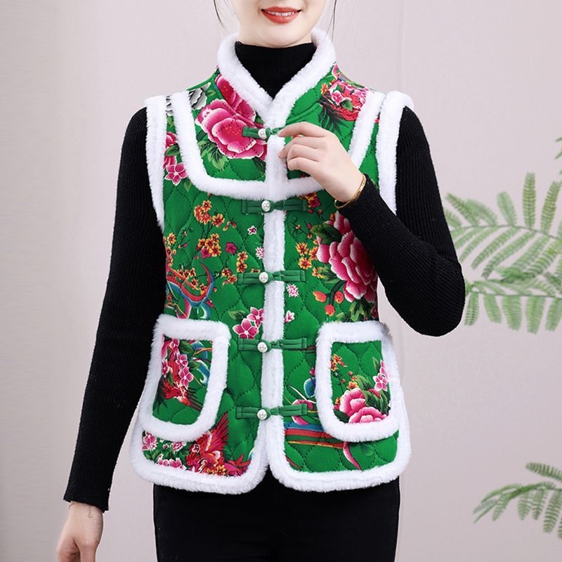 Vesta cu imprimeu floral mare, stil etnic, căptușită cu fleece, din lână de oaie, pentru femei adulte, cald toamnă-iarnă