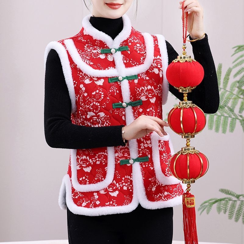 Vesta cu imprimeu floral mare, stil etnic, căptușită cu fleece, din lână de oaie, pentru femei adulte, cald toamnă-iarnă