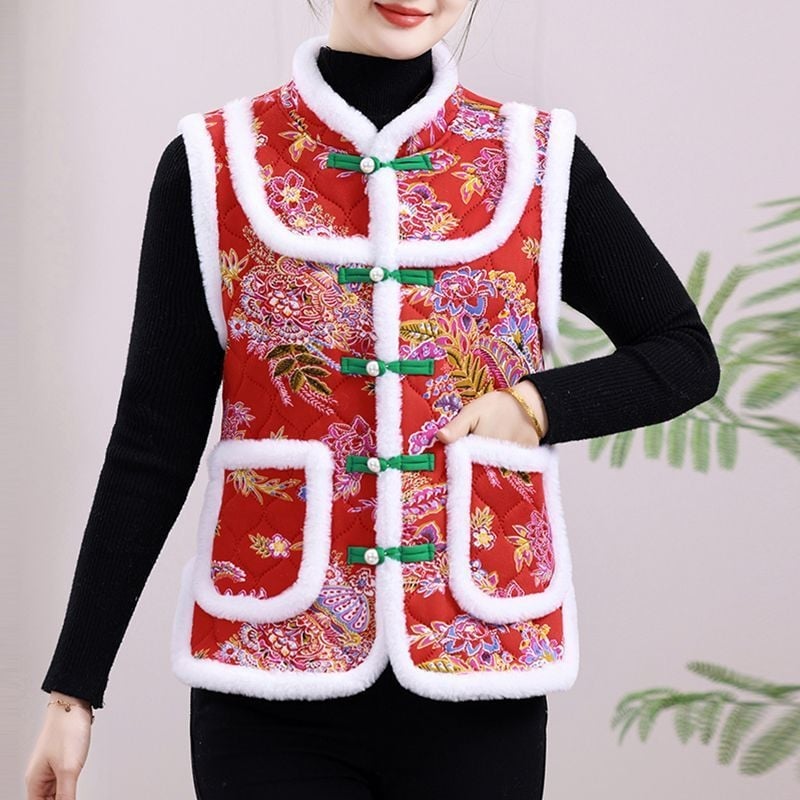 Vesta cu imprimeu floral mare, stil etnic, căptușită cu fleece, din lână de oaie, pentru femei adulte, cald toamnă-iarnă