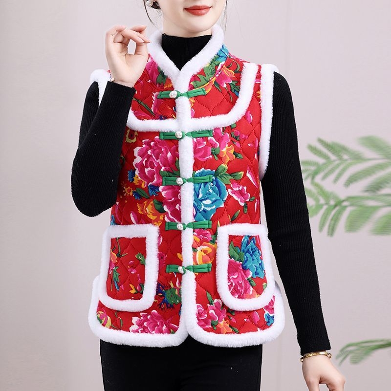 Vesta cu imprimeu floral mare, stil etnic, căptușită cu fleece, din lână de oaie, pentru femei adulte, cald toamnă-iarnă