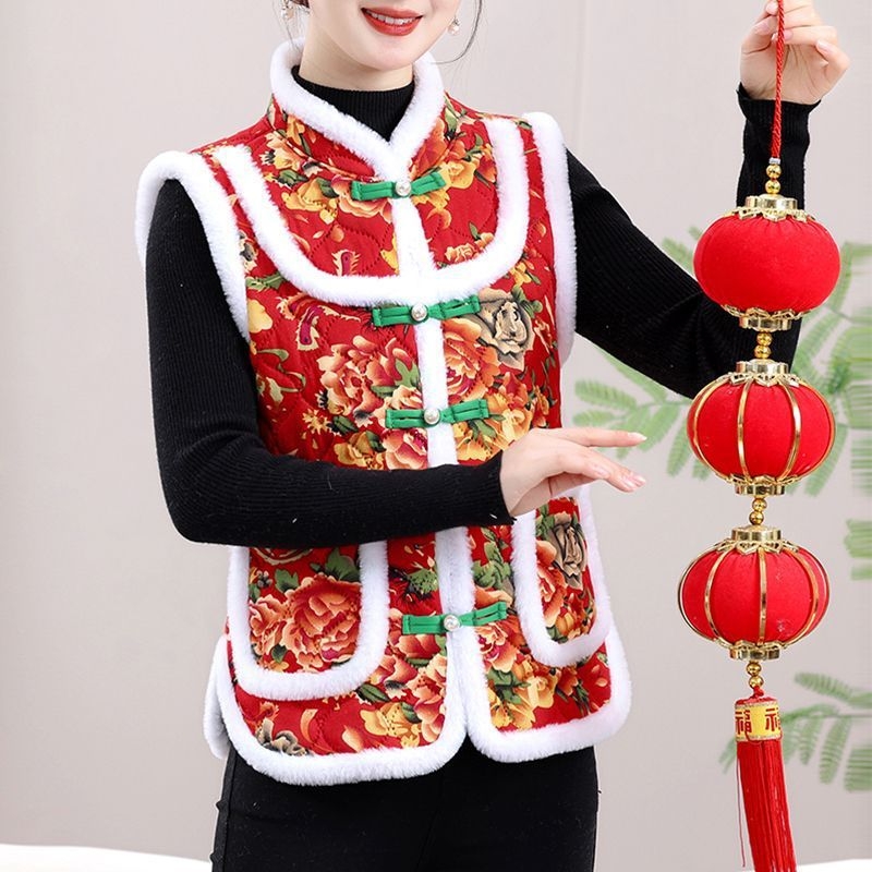 Vesta cu imprimeu floral mare, stil etnic, căptușită cu fleece, din lână de oaie, pentru femei adulte, cald toamnă-iarnă