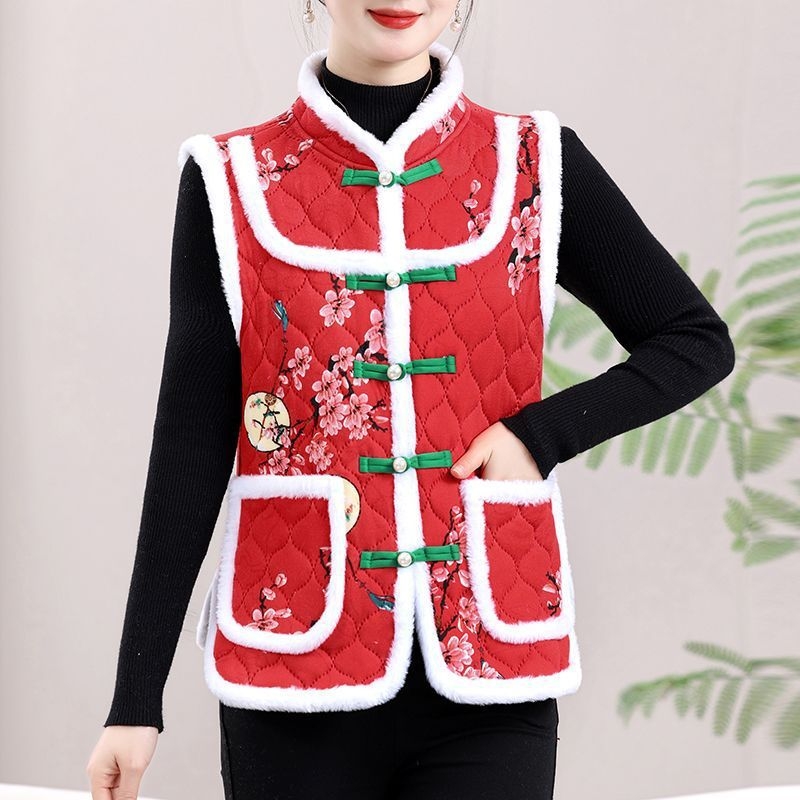 Vesta cu imprimeu floral mare, stil etnic, căptușită cu fleece, din lână de oaie, pentru femei adulte, cald toamnă-iarnă