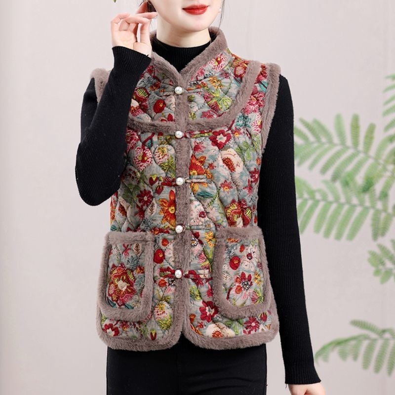 Vesta cu imprimeu floral mare, stil etnic, căptușită cu fleece, din lână de oaie, pentru femei adulte, cald toamnă-iarnă