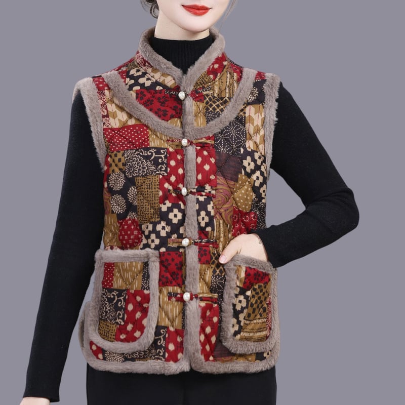 Vesta cu imprimeu floral mare, stil etnic, căptușită cu fleece, din lână de oaie, pentru femei adulte, cald toamnă-iarnă