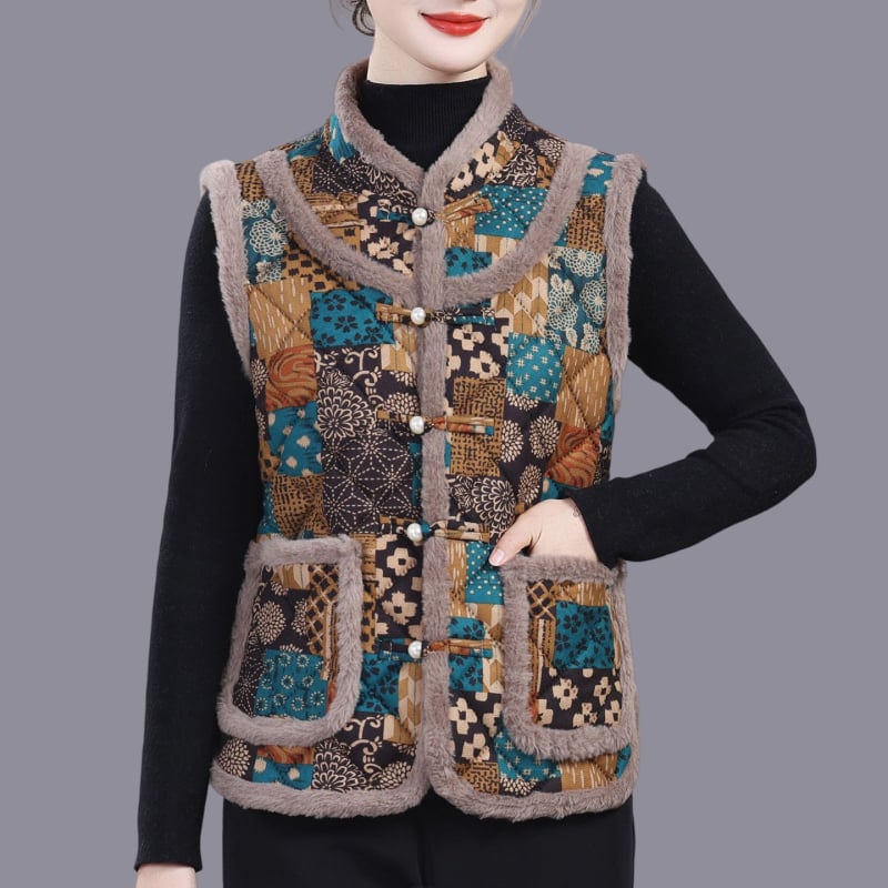 Vesta cu imprimeu floral mare, stil etnic, căptușită cu fleece, din lână de oaie, pentru femei adulte, cald toamnă-iarnă