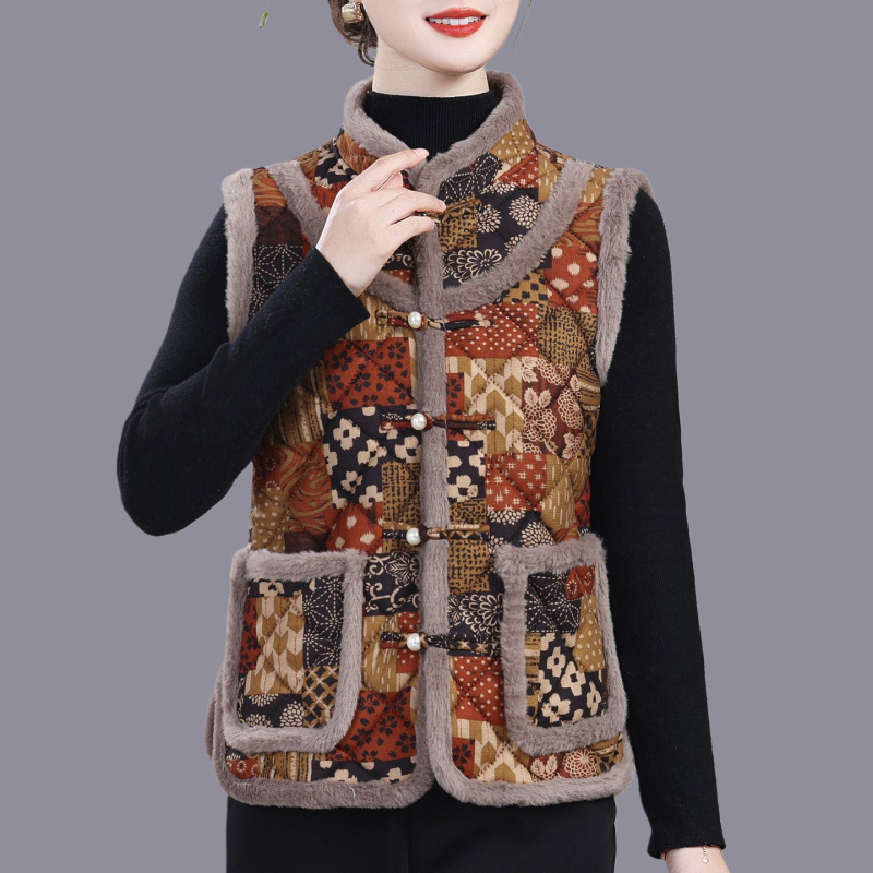 Vesta cu imprimeu floral mare, stil etnic, căptușită cu fleece, din lână de oaie, pentru femei adulte, cald toamnă-iarnă