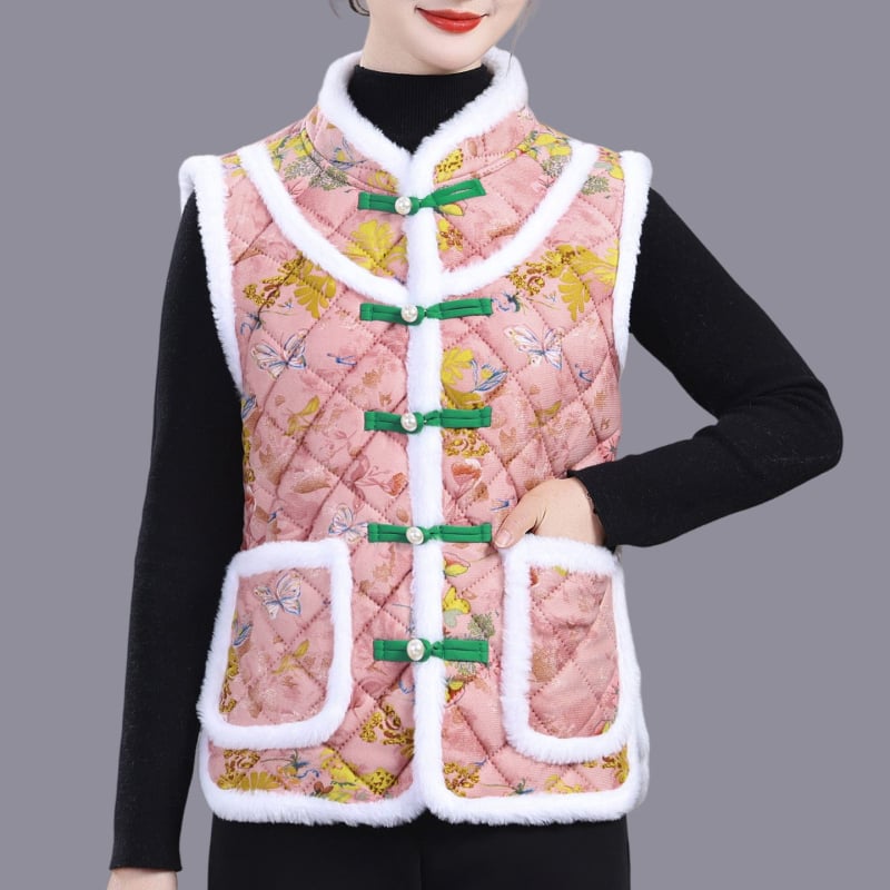 Vesta cu imprimeu floral mare, stil etnic, căptușită cu fleece, din lână de oaie, pentru femei adulte, cald toamnă-iarnă