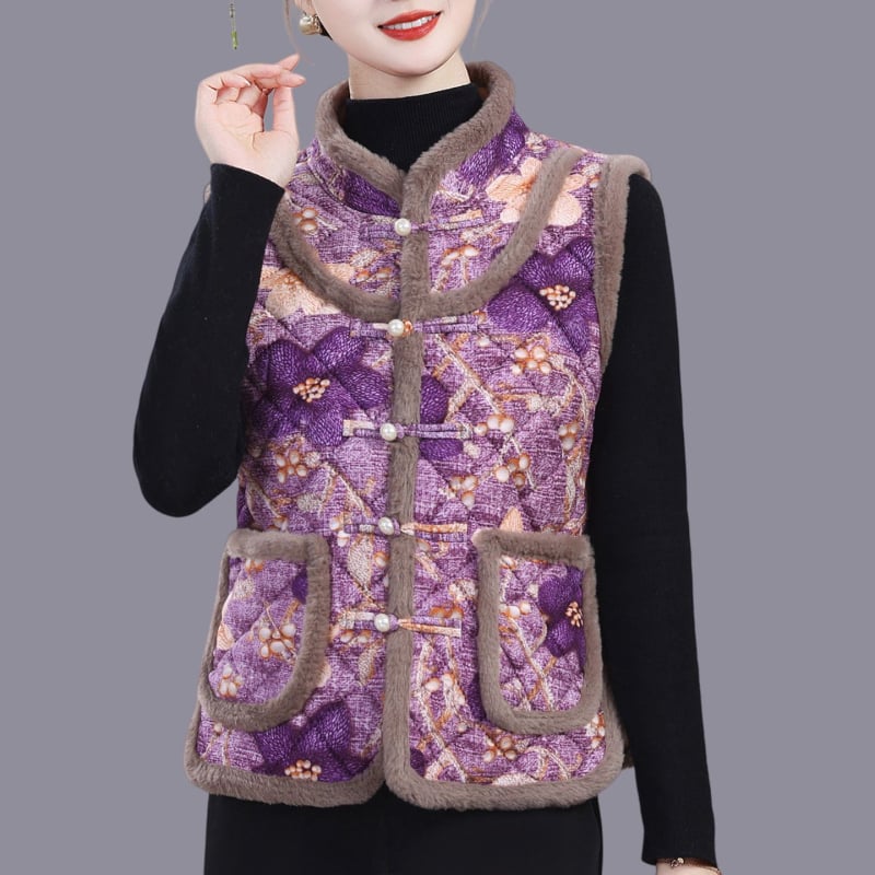 Vesta cu imprimeu floral mare, stil etnic, căptușită cu fleece, din lână de oaie, pentru femei adulte, cald toamnă-iarnă