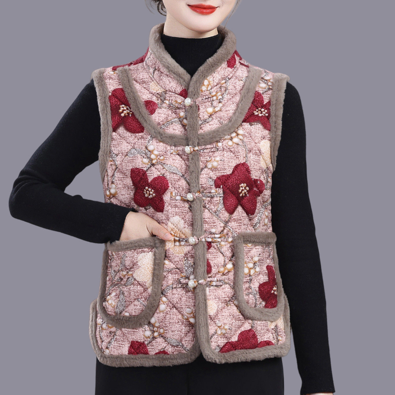 Vesta cu imprimeu floral mare, stil etnic, căptușită cu fleece, din lână de oaie, pentru femei adulte, cald toamnă-iarnă