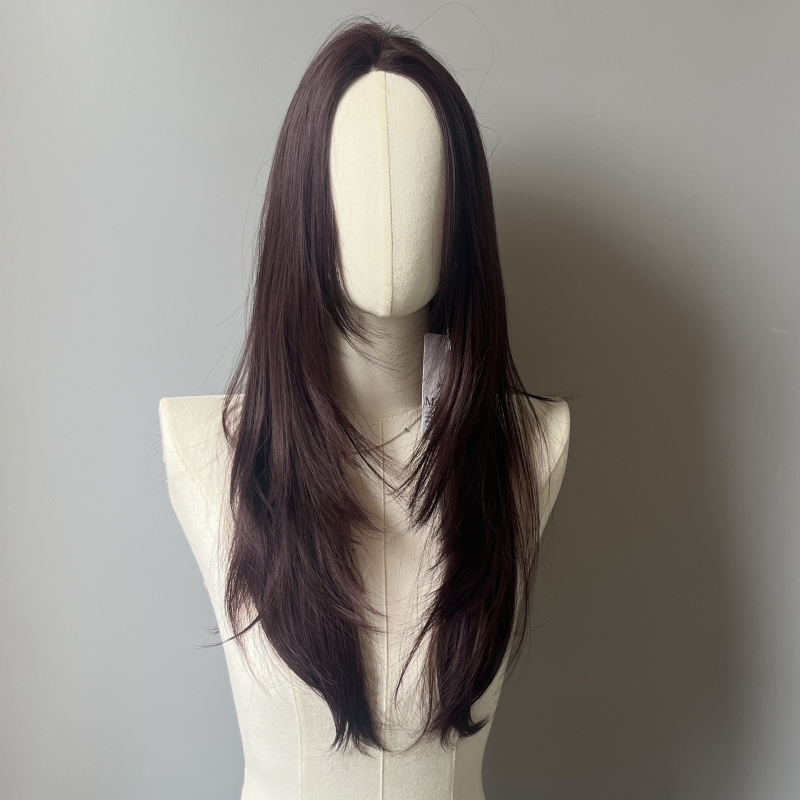 Perucă cu dantelă frontală în formă de U, volum în creștet, bucle mari și pufoase, complet lucrată manual, păr lung buclat cu breton oblic