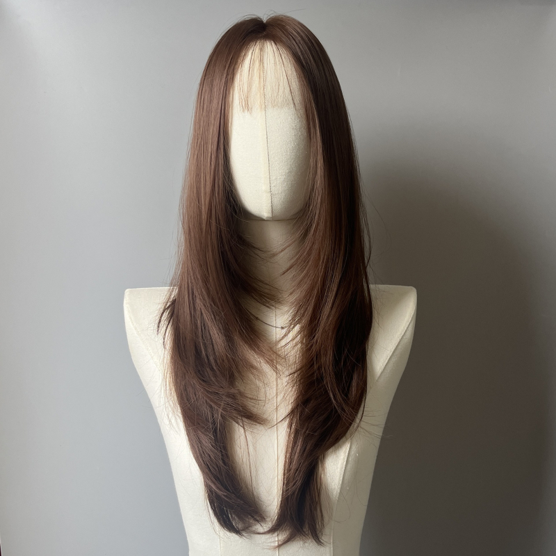 Perucă cu dantelă frontală în formă de U, volum în creștet, bucle mari și pufoase, complet lucrată manual, păr lung buclat cu breton oblic