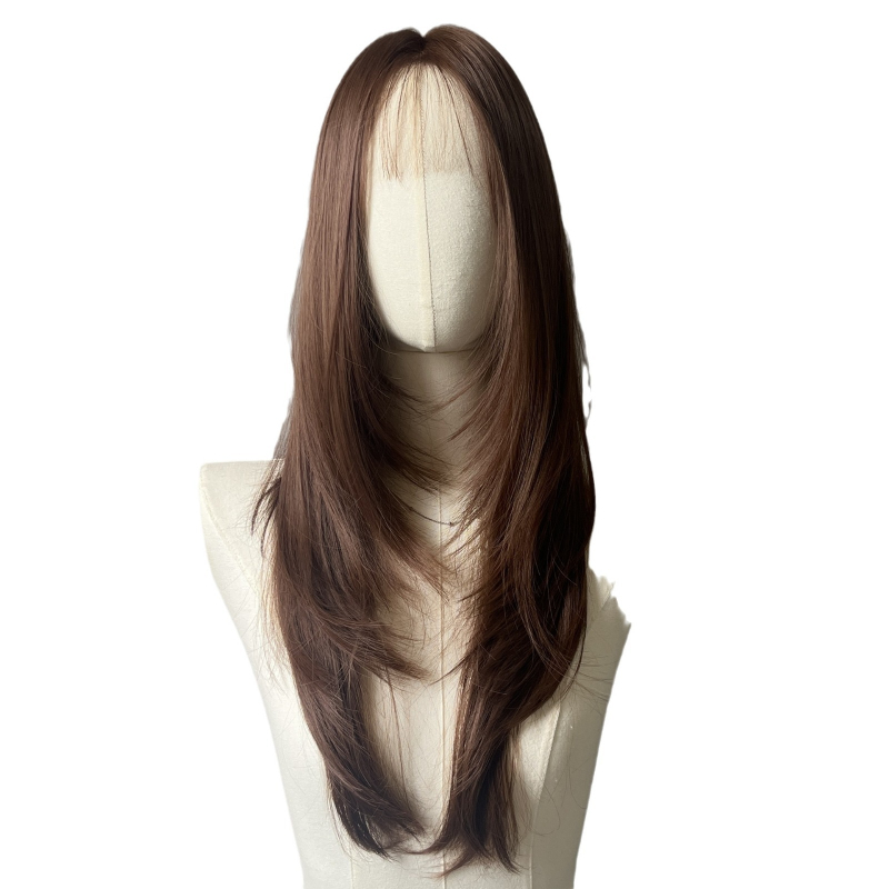 Perucă cu dantelă frontală în formă de U, volum în creștet, bucle mari și pufoase, complet lucrată manual, păr lung buclat cu breton oblic