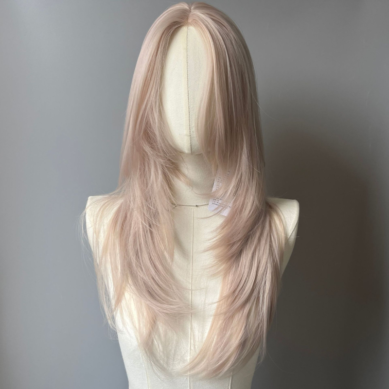 Perucă cu dantelă frontală în formă de U, volum în creștet, bucle mari și pufoase, complet lucrată manual, păr lung buclat cu breton oblic