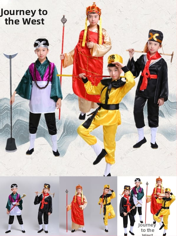 Sada kostýmov pre rolu: Tang Seng, Sun Wukong, Zhu Bajie, Sha Seng; polyester; vhodné pre rolové hranie v animáciách; pre deti do 17 rokov