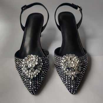 Pantofi dama cu cristale, cataramă, vârf ascuțit, toc tip pană 3–6 cm, partea superioară din piele naturală + plasă