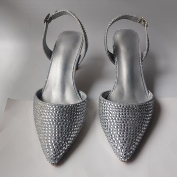 Pantofi dama cu cristale, cataramă, vârf ascuțit, toc tip pană 3–6 cm, partea superioară din piele naturală + plasă